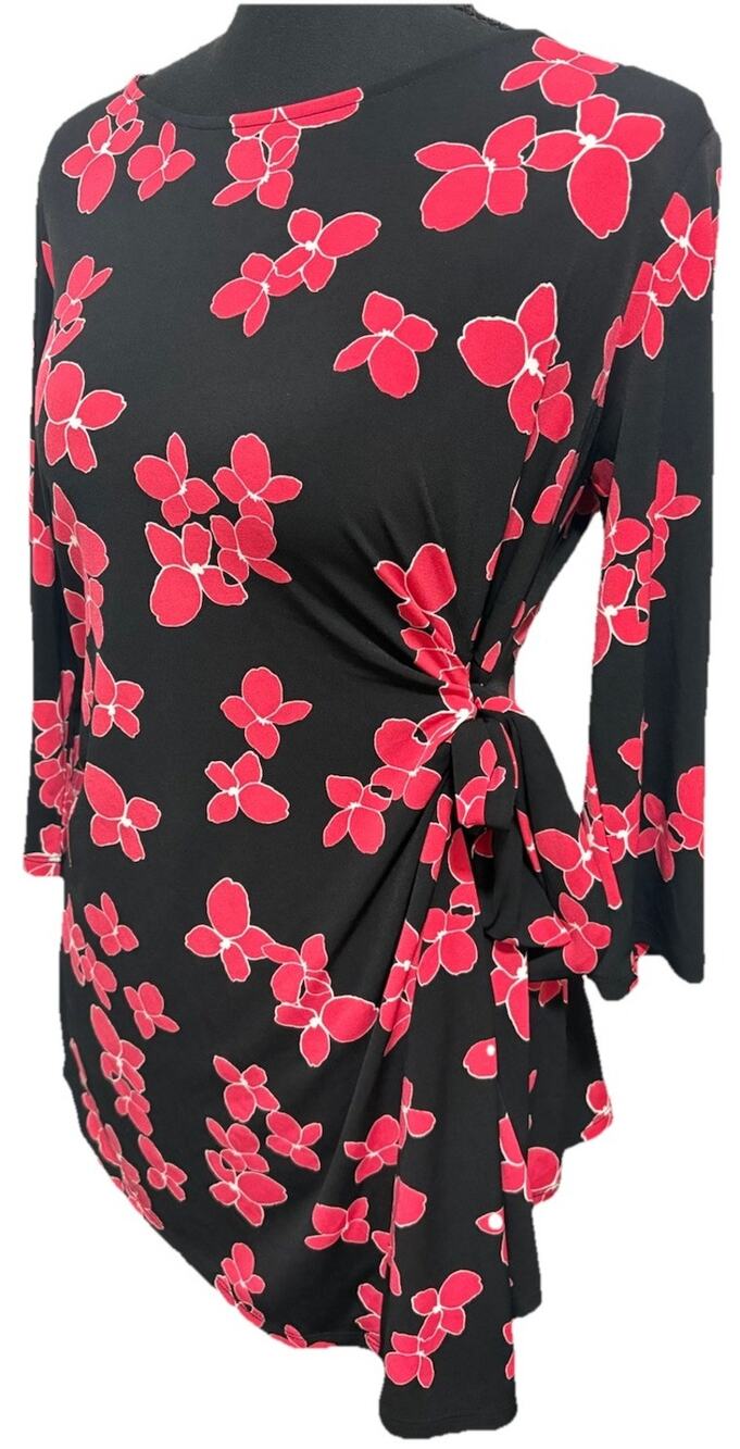 Alfani Floral Side Tie Top Women S Black Red 3/4 Sleeve Stretch Blouse
